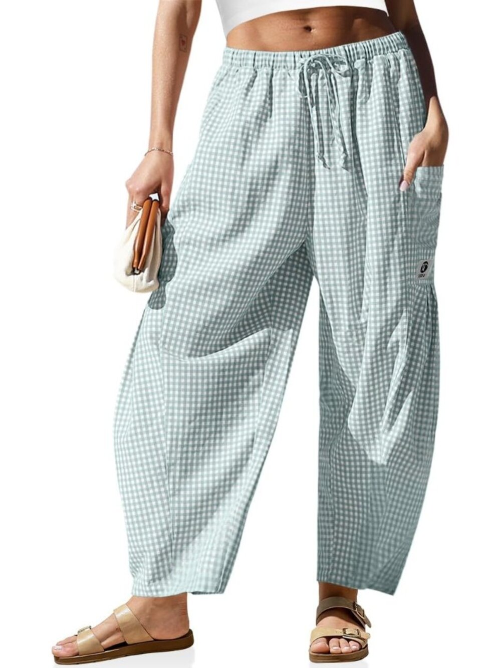 Women's Gray Blue Linen Wide Leg Striped Palazzo Harem Walking Holiday Pants
